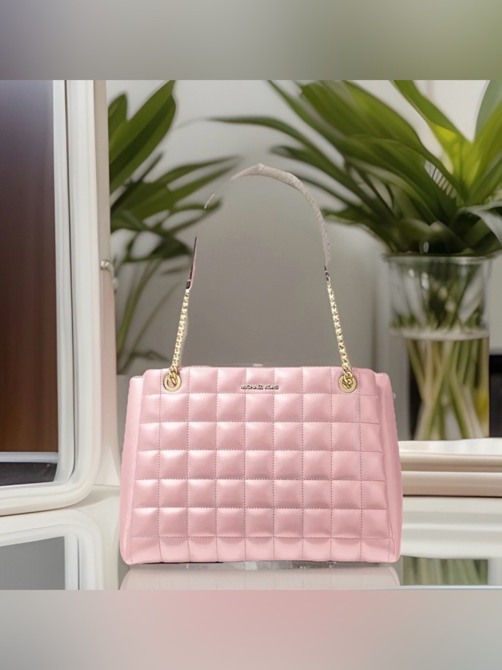 Michael Kors Soho Women Medium PU Blend Quilted Shoulder Tote Bag Powder Blush